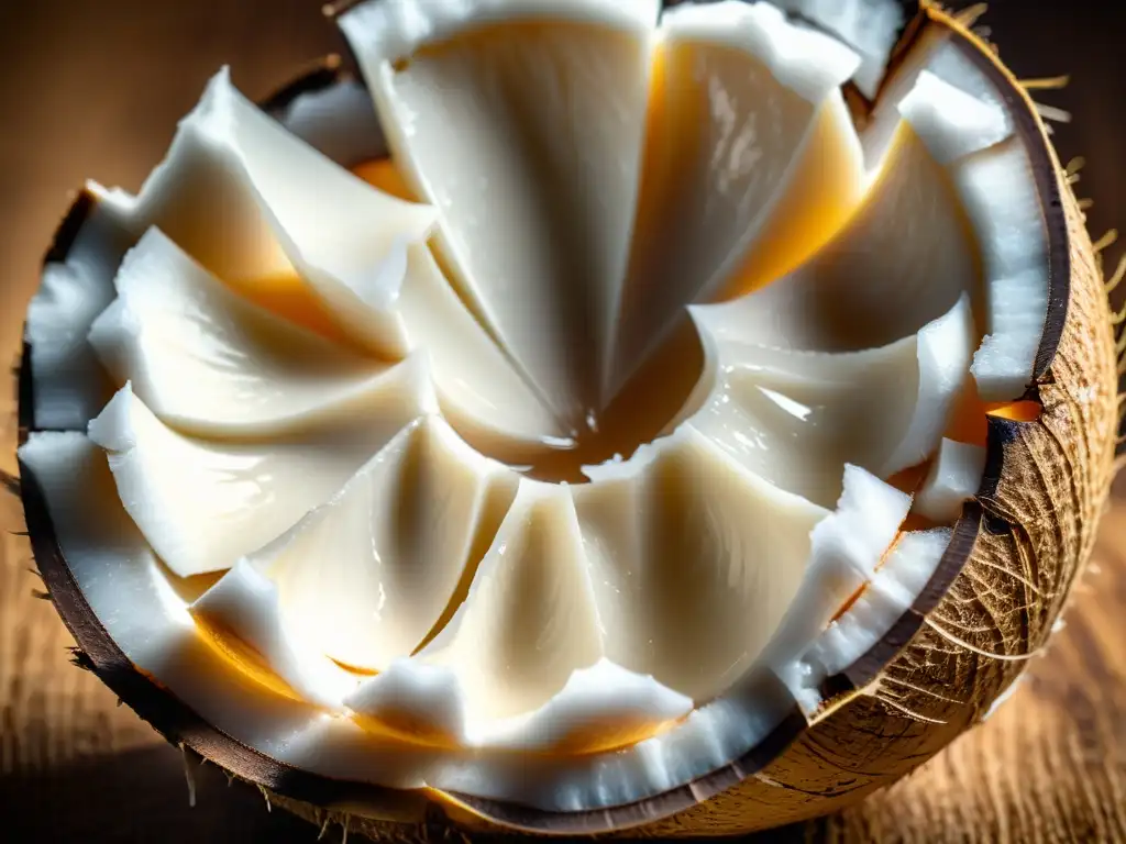 Detallada imagen de un coco orgánico recién partido, con cáscara fibrosa y carne blanca brillante