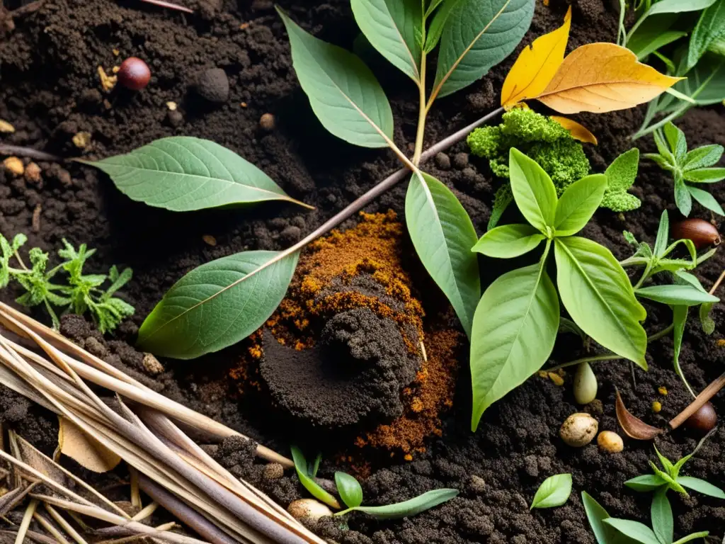 Detallada imagen de un compostaje para agricultura orgánica sostenible, mostrando capas de descomposición y renovación en colores y texturas ricos