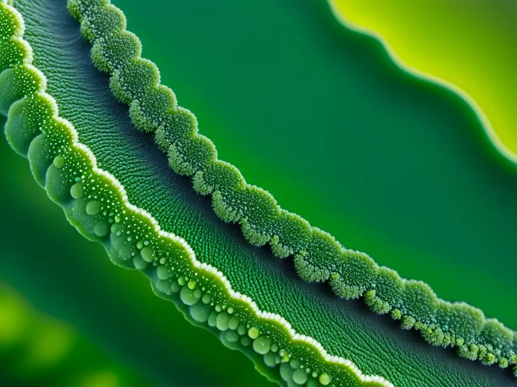 Detallada imagen de espirulina orgánica bajo microscopio, mostrando su estructura en espiral y vibrante color verde