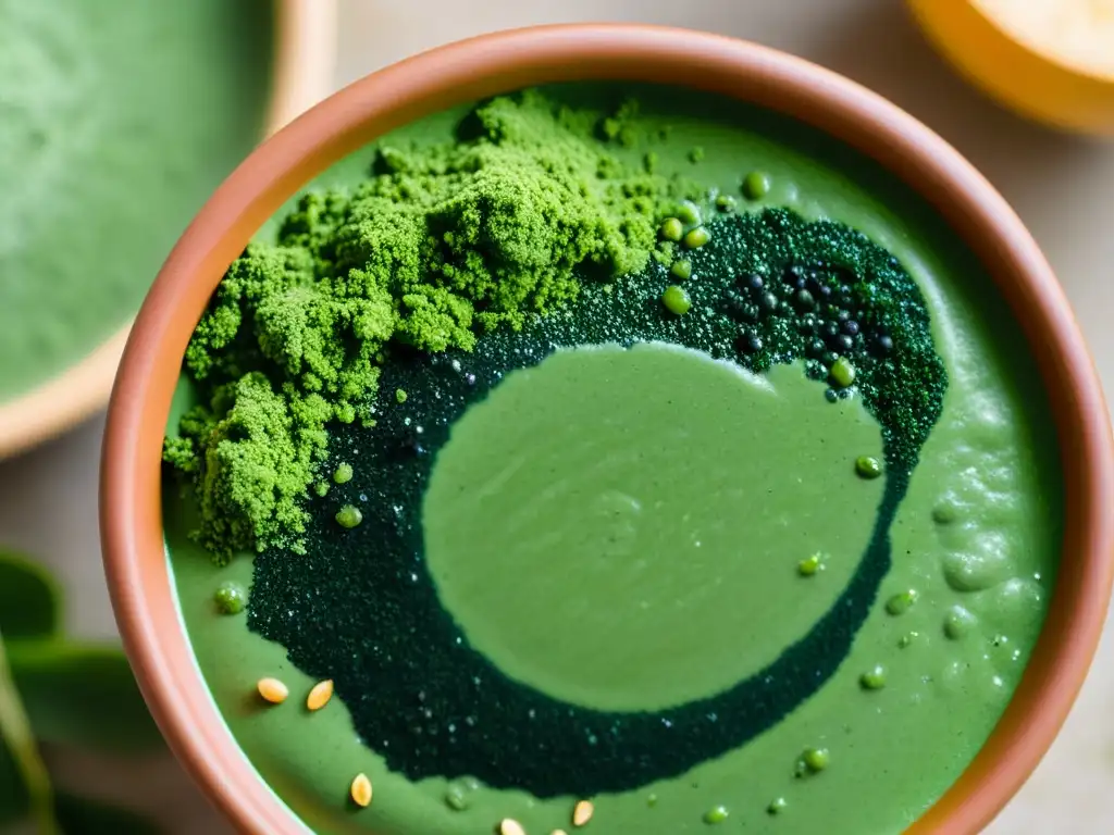 Detallada imagen de espirulina orgánica fitness en un smoothie bowl