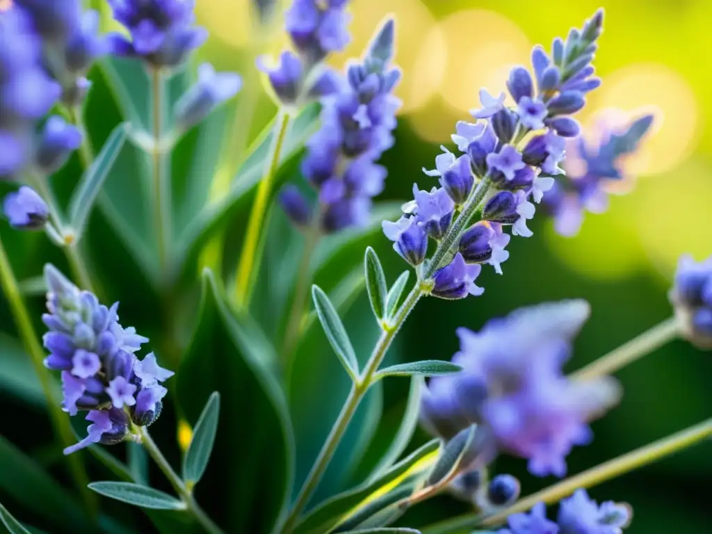 Detallada imagen de una exuberante planta de lavanda en plena floración, con delicadas flores moradas y tallos verdes