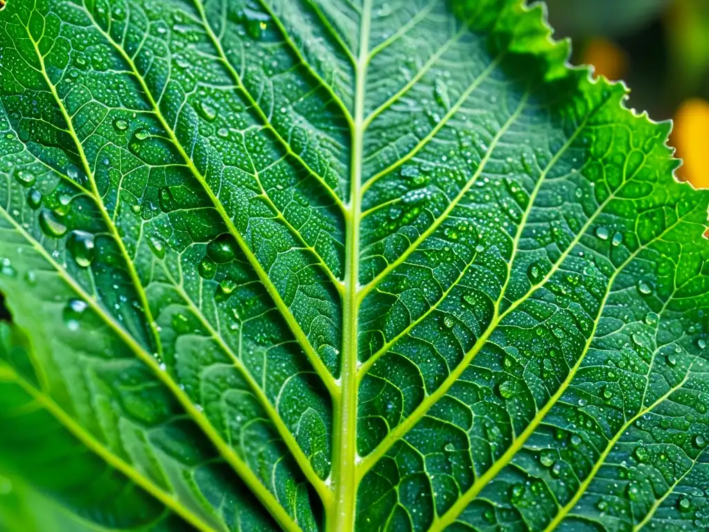 Detallada imagen de una hoja de col rizada verde vibrante con gotas de agua