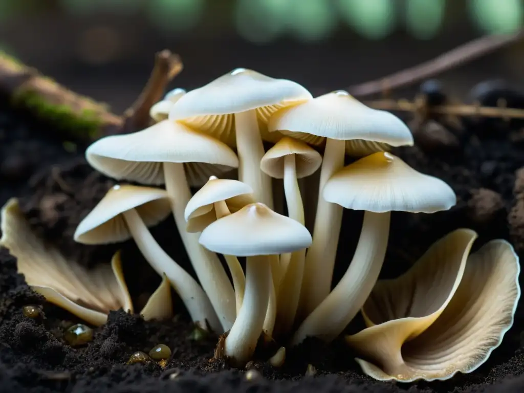 Detallada imagen de hongos orgánicos en suelo húmedo, reflejando la luz natural del bosque