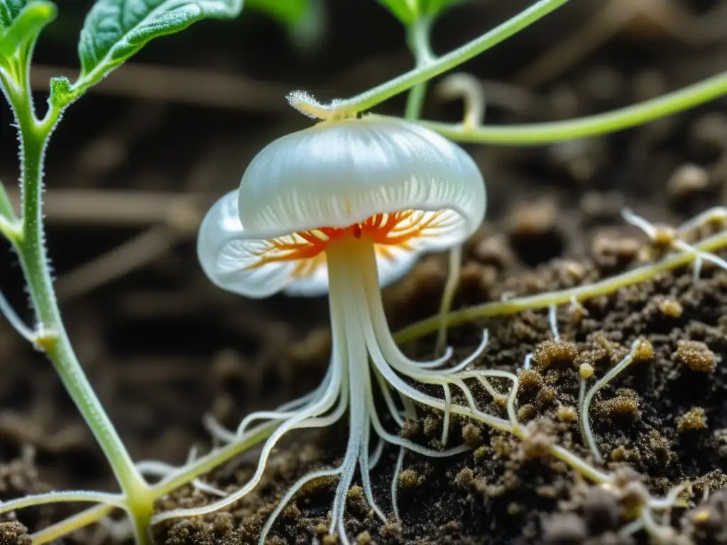 Detallada imagen de hongos tricodermas en simbiosis con cultivos orgánicos de tomate