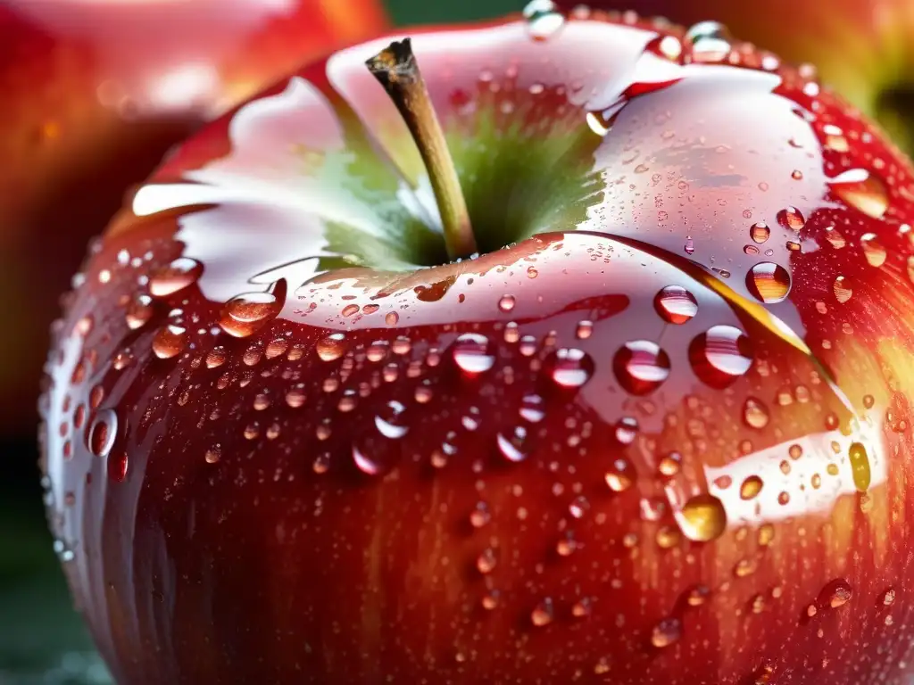 Detallada imagen de una jugosa manzana orgánica recién cosechada, con gotas de rocío