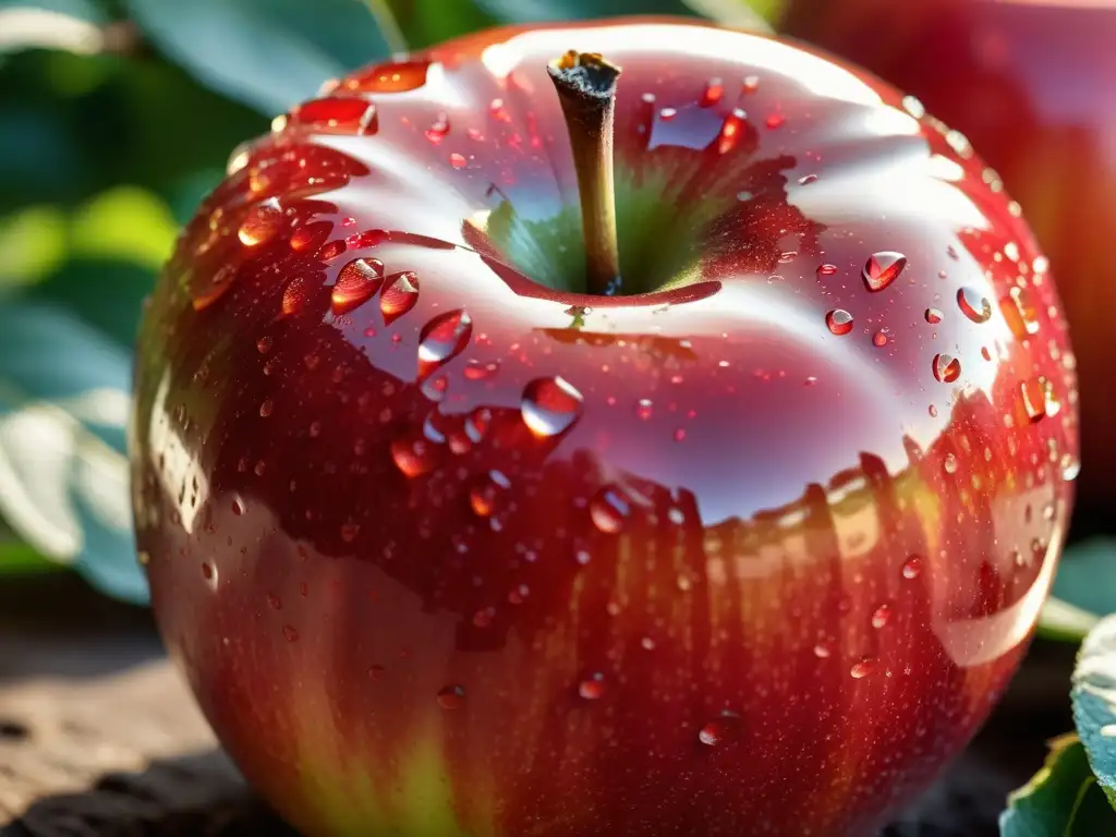 Detallada imagen de una manzana orgánica recién recogida, con gotas de rocío brillando en su piel