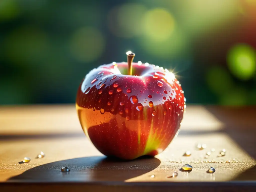 Detallada imagen de una manzana orgánica con gotas de rocío, resaltando sus colores vibrantes