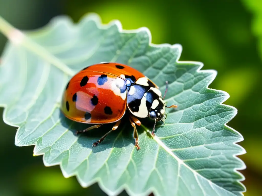 Detallada imagen de una mariquita en una hoja verde, con sus alas translúcidas y patrón rojo y negro