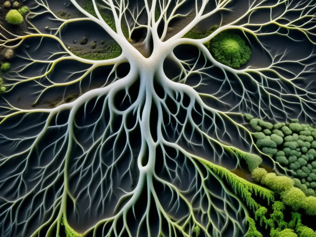 Redes de micorrizas: simbiosis orgánica en agricultura Detallada imagen de micorrizas en alimentos orgánicos, mostrando la red de hongos entrelazada con raíces de plantas