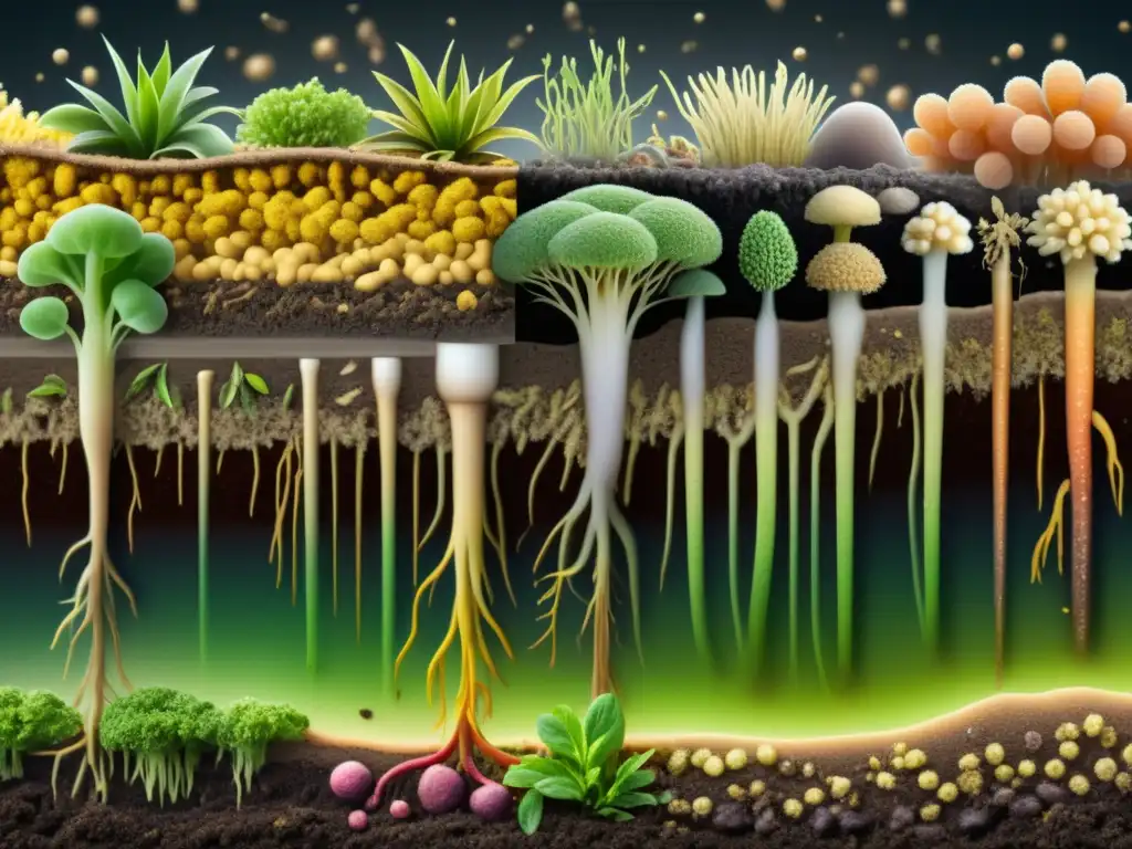 Detallada imagen 8k del microbioma del suelo orgánico, con redes de hongos y microorganismos beneficiosos, mostrando la resistencia a patógenos