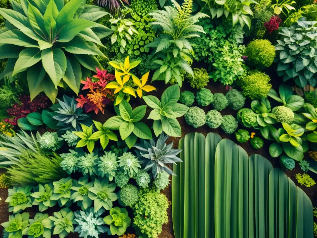 Detallada imagen de un próspero jardín de permacultura, con diversidad de plantas en un diseño sostenible y armonioso