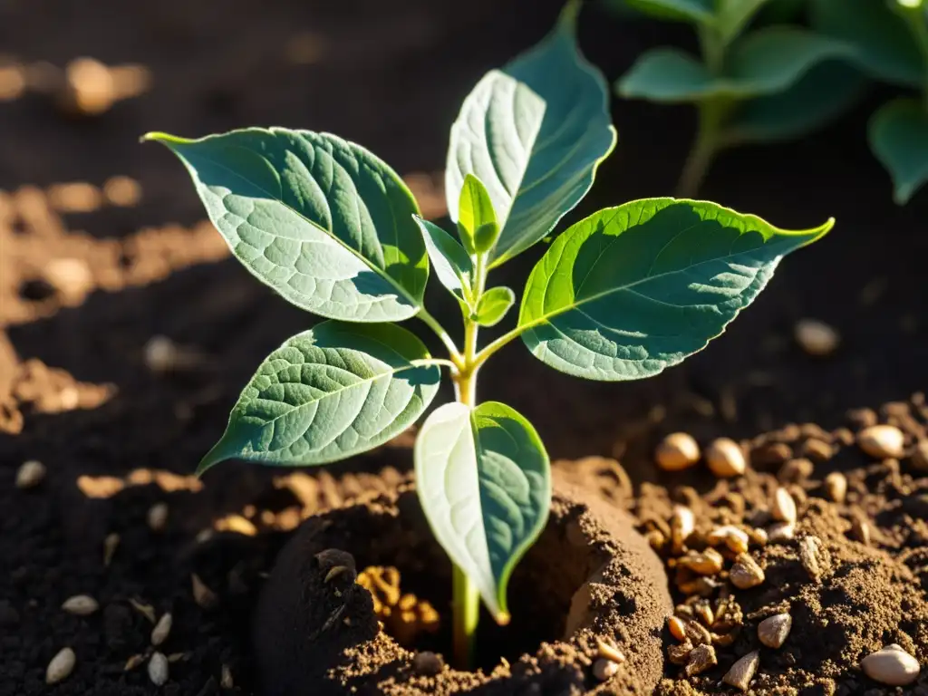 Detallada imagen de una planta de ashwagandha en tierra oscura, bañada por luz dorada