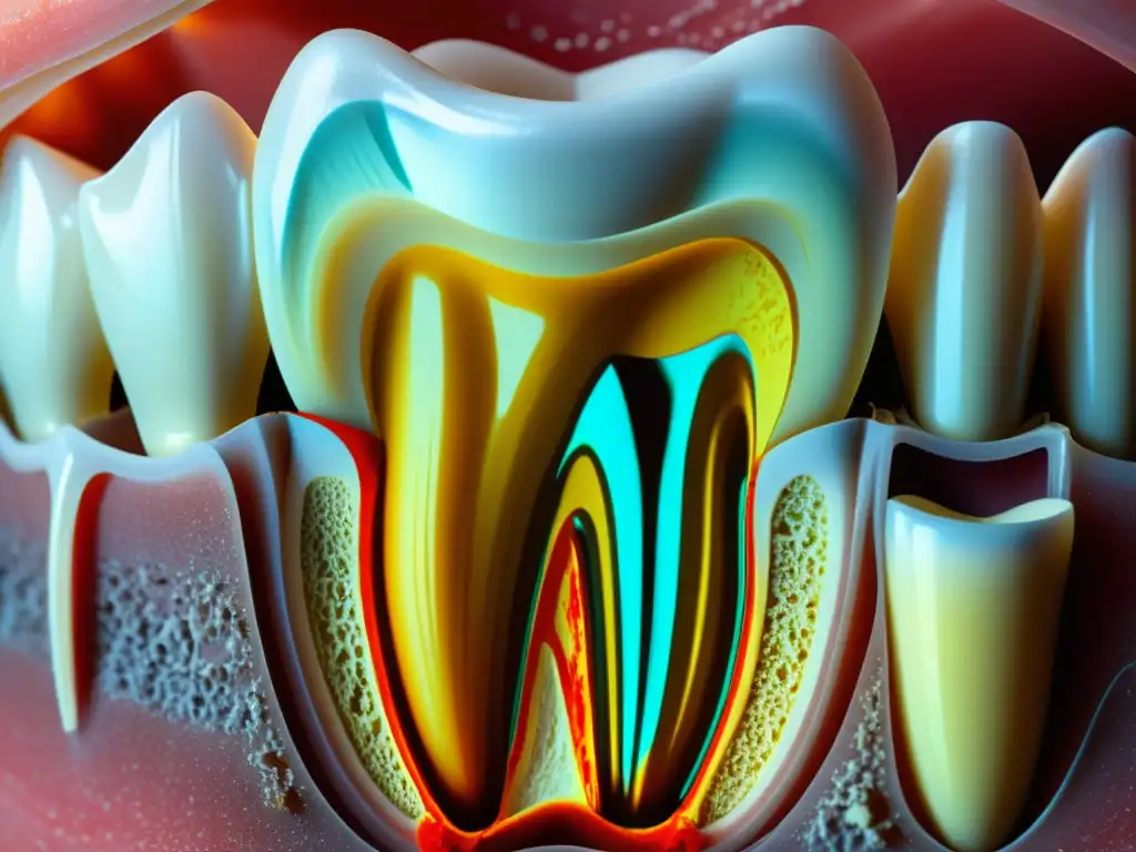 Detallada imagen de sección transversal de un diente, resaltando su estructura microscópica