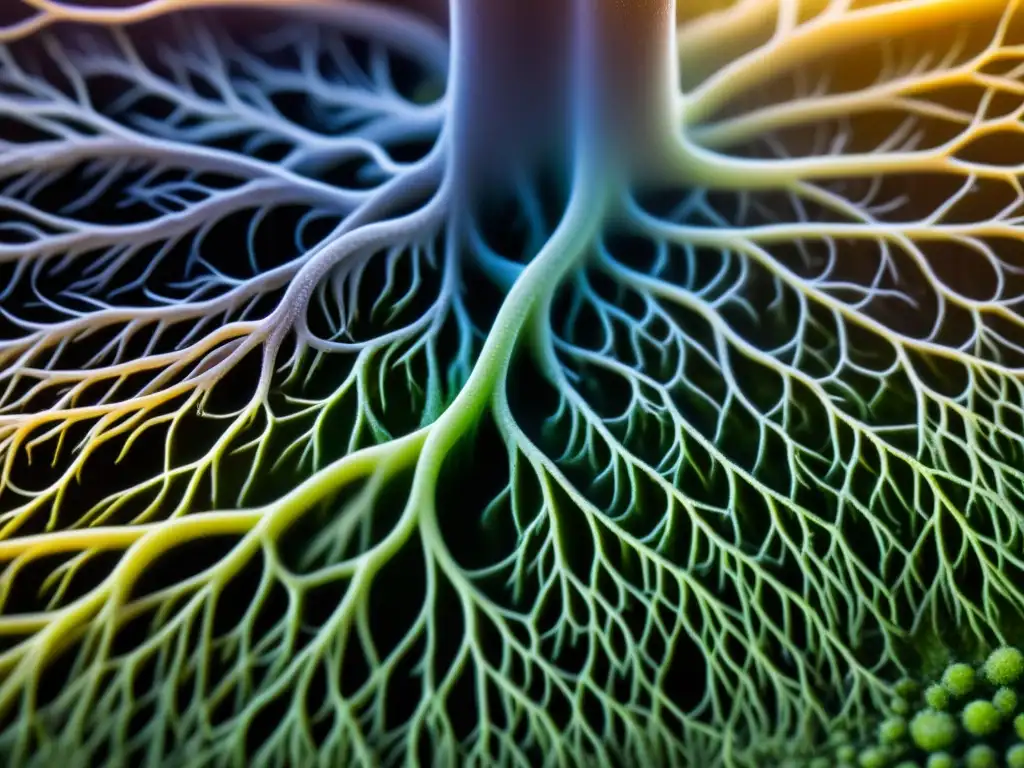 Red de micorrizas: simbiosis planta-hongo en detalle Detallada imagen de la simbiosis entre micorrizas y raíces de planta orgánica, resaltando la belleza de esta alianza subterránea