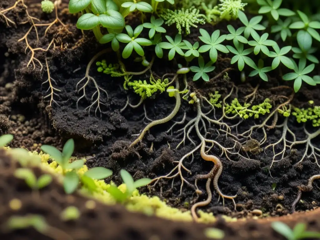 Detallada imagen del suelo fértil con micelio, insectos, lombrices y raíces de plantas