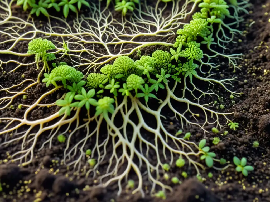 Detallada imagen de suelo orgánico saludable con micelio y raíces verdes, evocando armonía natural y técnicas de conservación del suelo