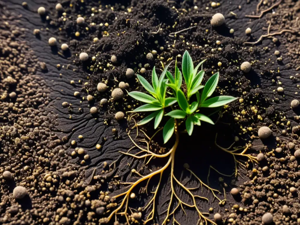 Detallada imagen del suelo rico y oscuro, teeming con vida microscópica