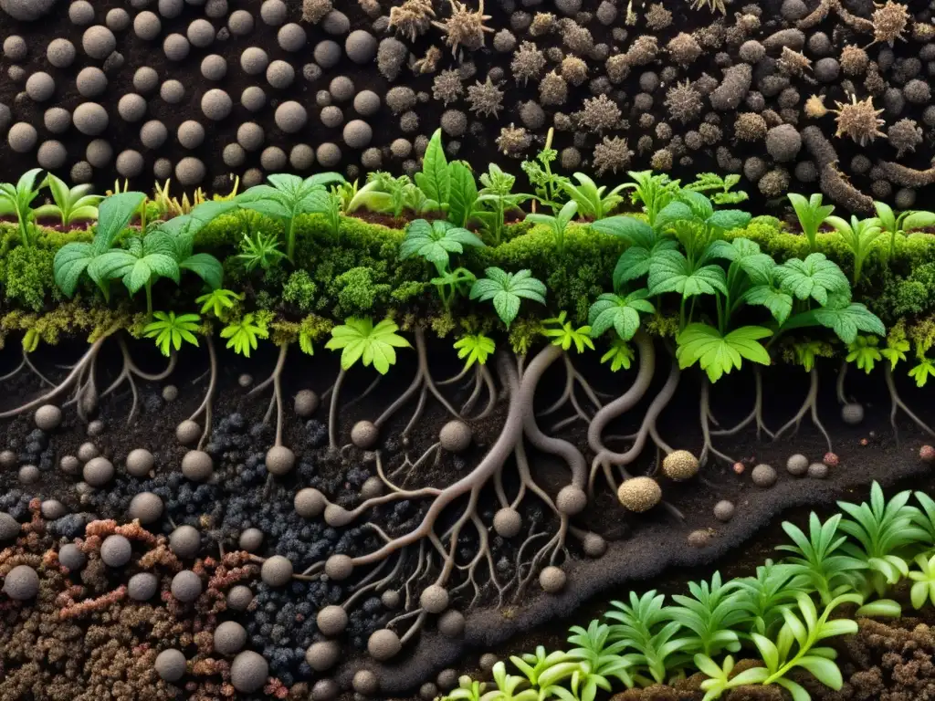 Detallada imagen del suelo vivo en agricultura orgánica, con microorganismos, raíces entrelazadas y compleja red de vida