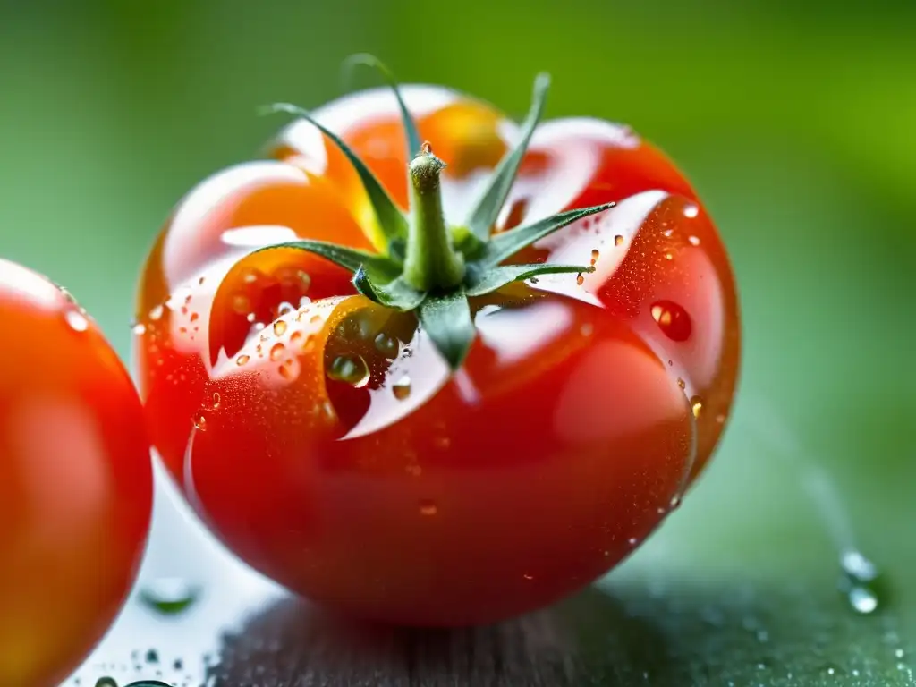 Detallada imagen de un tomate cherry en forma de corazón, jugoso y brillante, resaltando los beneficios de alimentos orgánicos para el corazón