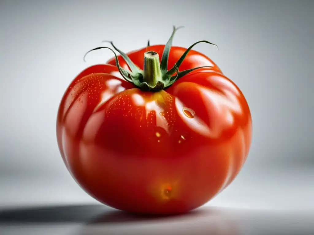 Detallada imagen de un tomate orgánico editado genéticamente, resaltando su simetría, color rojo vibrante y textura