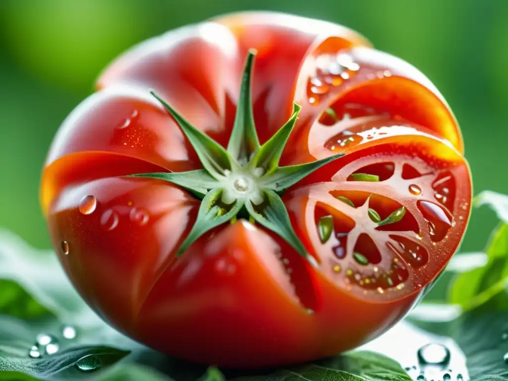 Detallada imagen 8k de un tomate orgánico maduro, medio cortado, con gotas de agua bajo la suave luz del sol