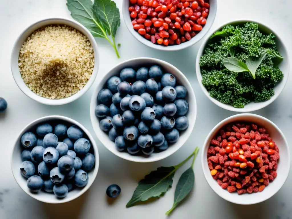 Una fotografía detallada de superalimentos orgánicos vibrantes como arándanos, kale, quinoa y bayas de goji, resaltando su belleza y valor nutricional