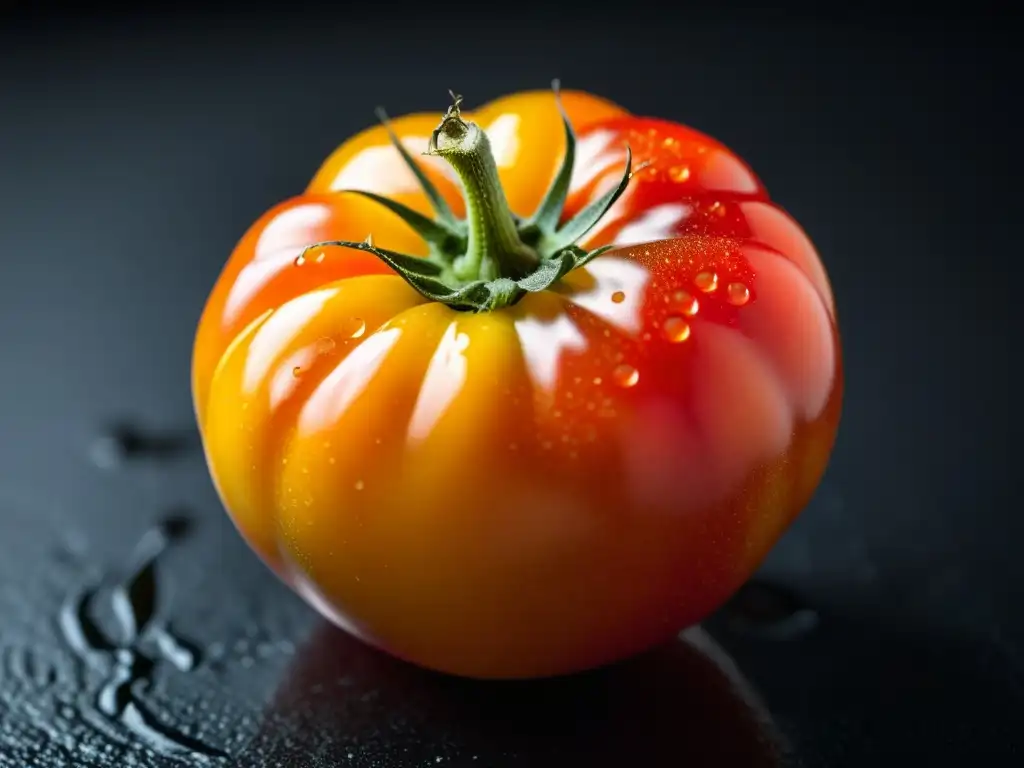 Detallada fotografía de un tomate herencia, con colores vibrantes y agua fresca