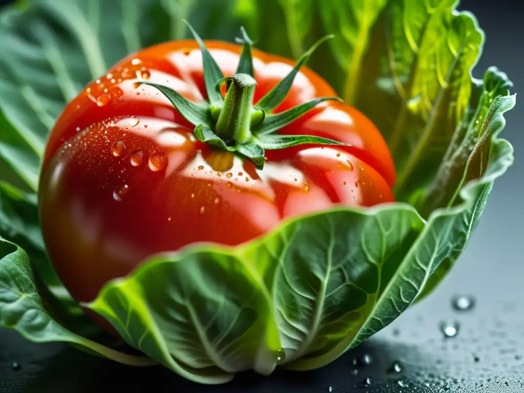 Una fotografía detallada de un tomate rojo maduro sobre lechuga, con gotas de agua