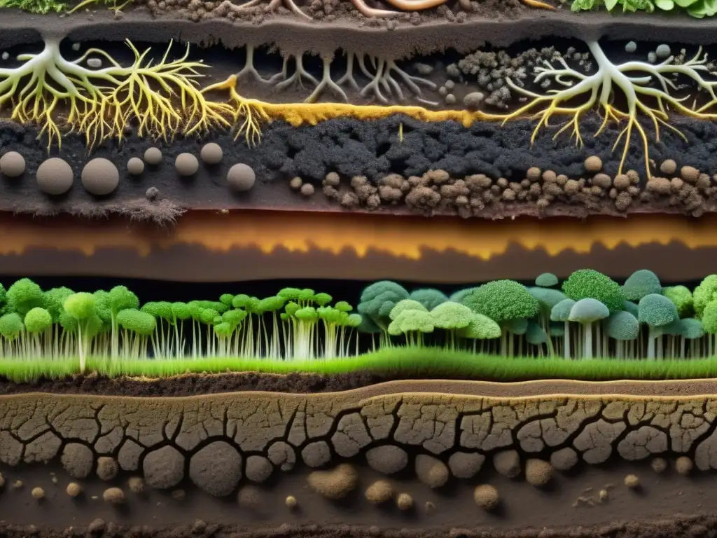 Un detallado corte transversal de suelo en 8k, mostrando una red de raíces, microorganismos y materia orgánica