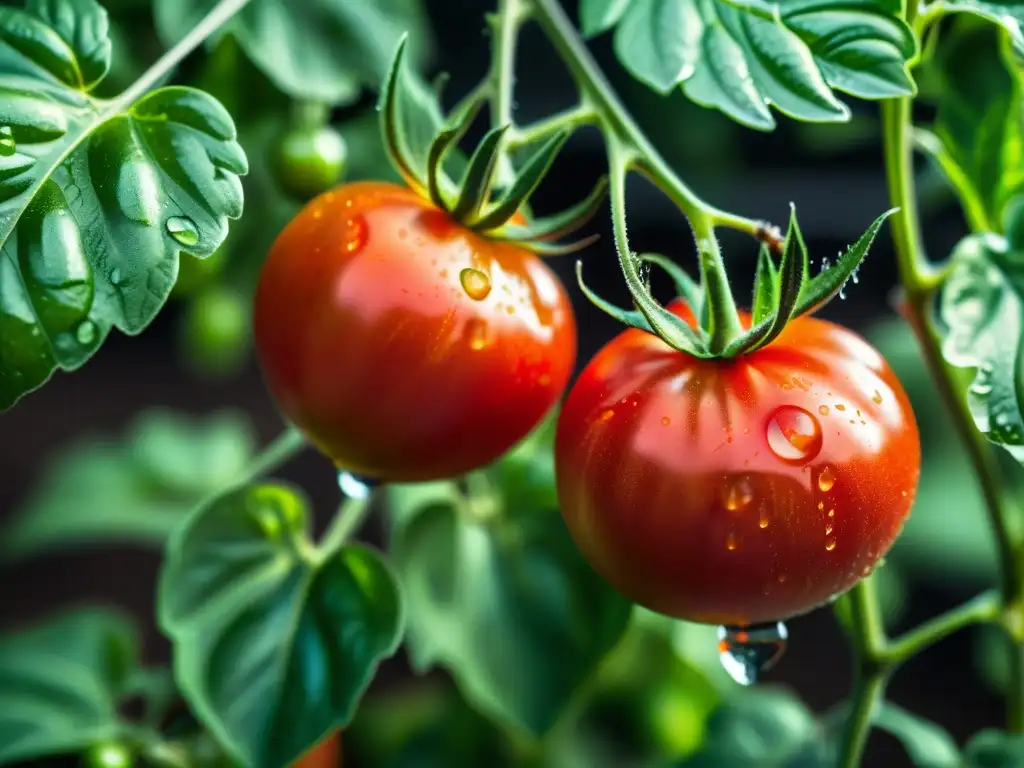 Un detallado retrato de una próspera planta de tomate orgánico, con hojas verdes vibrantes y tomates maduros colgando