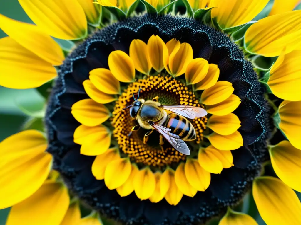 Detalle de abeja cubierta de polen sobre girasol, resalta importancia de polinizadores en alimentos orgánicos