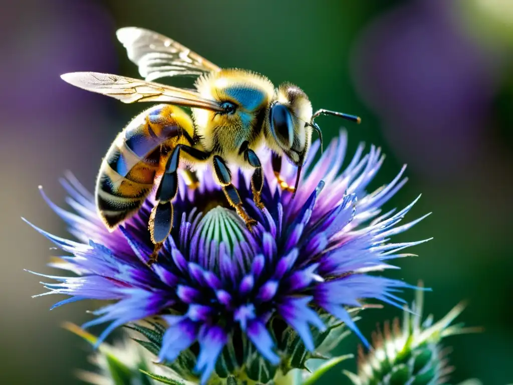 Detalle de abeja cubierta de polen sobre flor púrpura