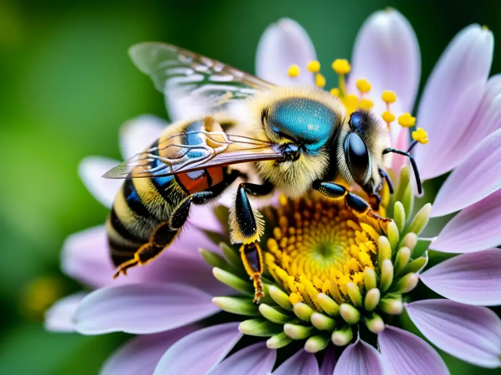 Detalle de abeja cubierta de polen en flor vibrante, resaltando la importancia de la polinización en un huerto orgánico