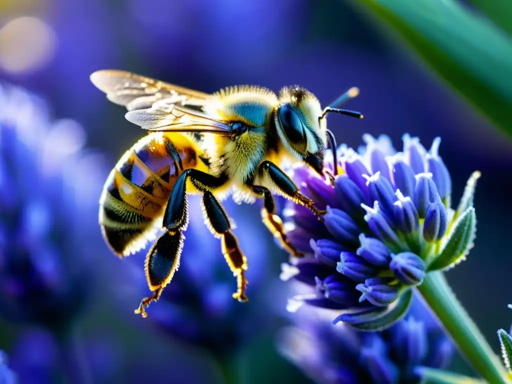 Detalle de abeja polinizando una flor de lavanda