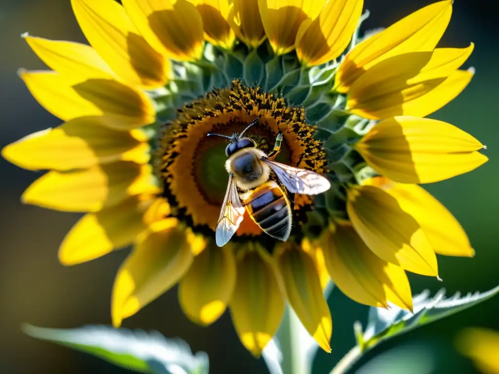 Detalle de una abeja en un girasol, resaltando la importancia de las abejas en la polinización de cultivos orgánicos