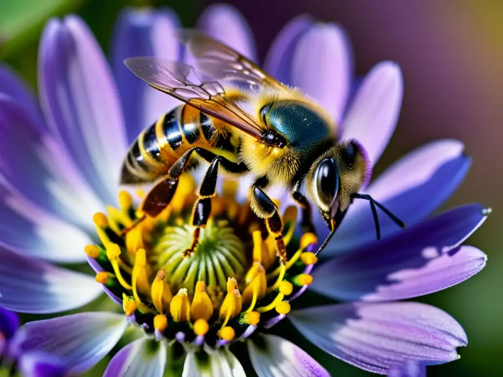 Detalle de abeja recolectando polen en flor morada