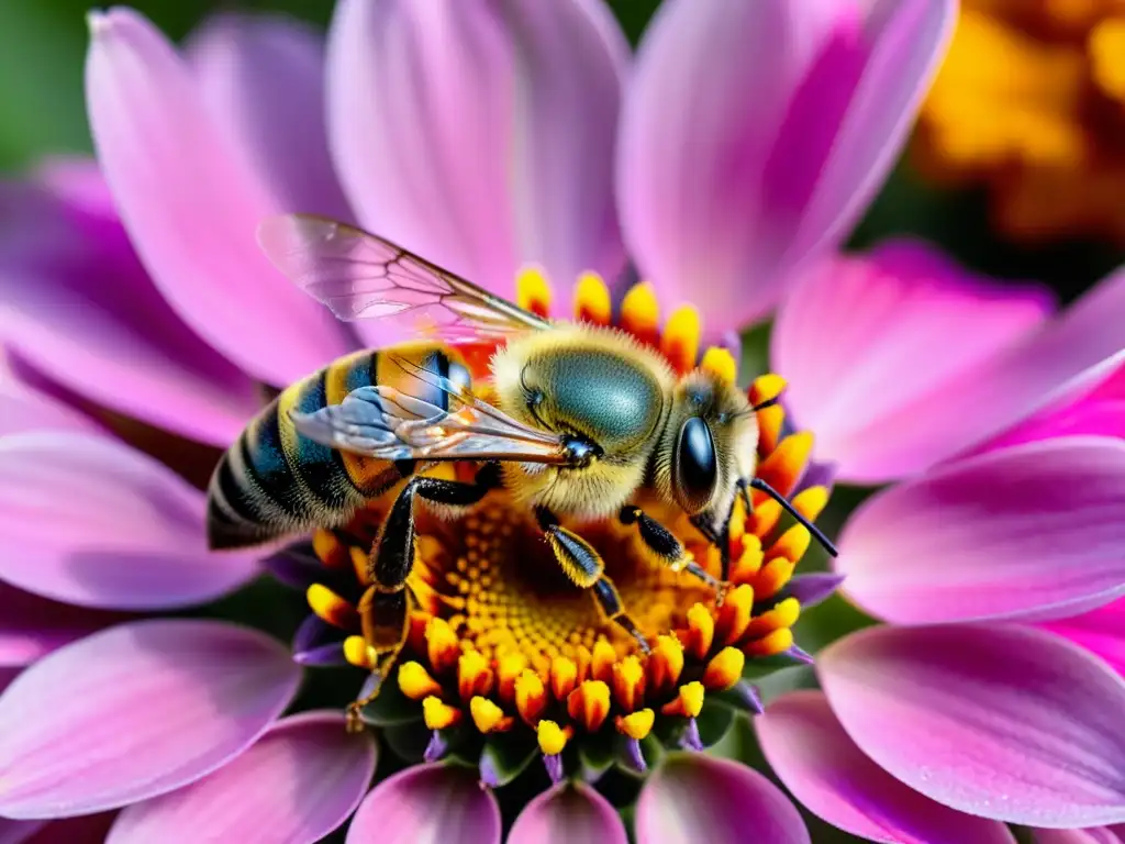 Detalle asombroso de abeja cubierta de polen amarillo en flor rosa, resaltando la importancia de la polinización en el huerto orgánico