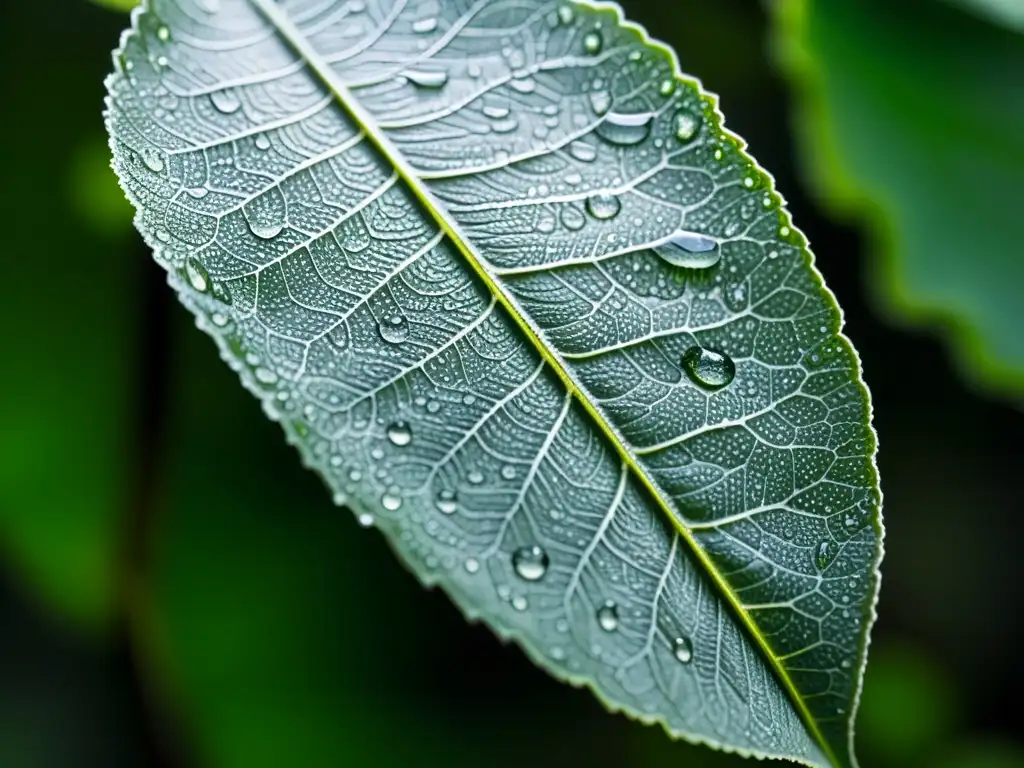 Detalle asombroso de una hoja cubierta de rocío, con gotas de agua reflejando el entorno