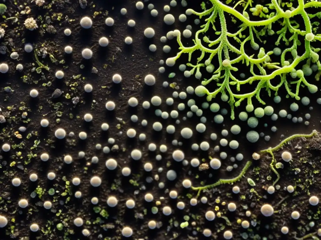 Detalle asombroso del microbioma del suelo, mostrando la riqueza de la materia orgánica