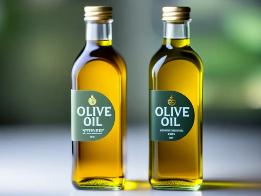 Detalle de dos botellas de aceite de oliva, una orgánica con color dorado y sedimento de aceituna, y otra no orgánica