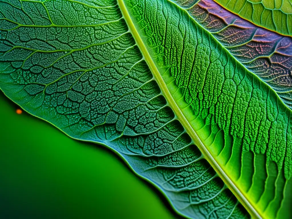 Detalle de células madre de plantas orgánicas bajo microscopio, mostrando su red intrincada y el vibrante color verde