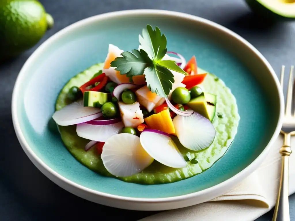 Detalle de ceviche peruano con pescado sostenible y ingredientes frescos en presentación elegante