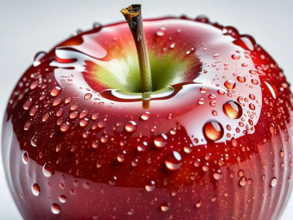 Detalle exquisito de una manzana orgánica recién cosechada, con gotas de rocío, sobre fondo blanco