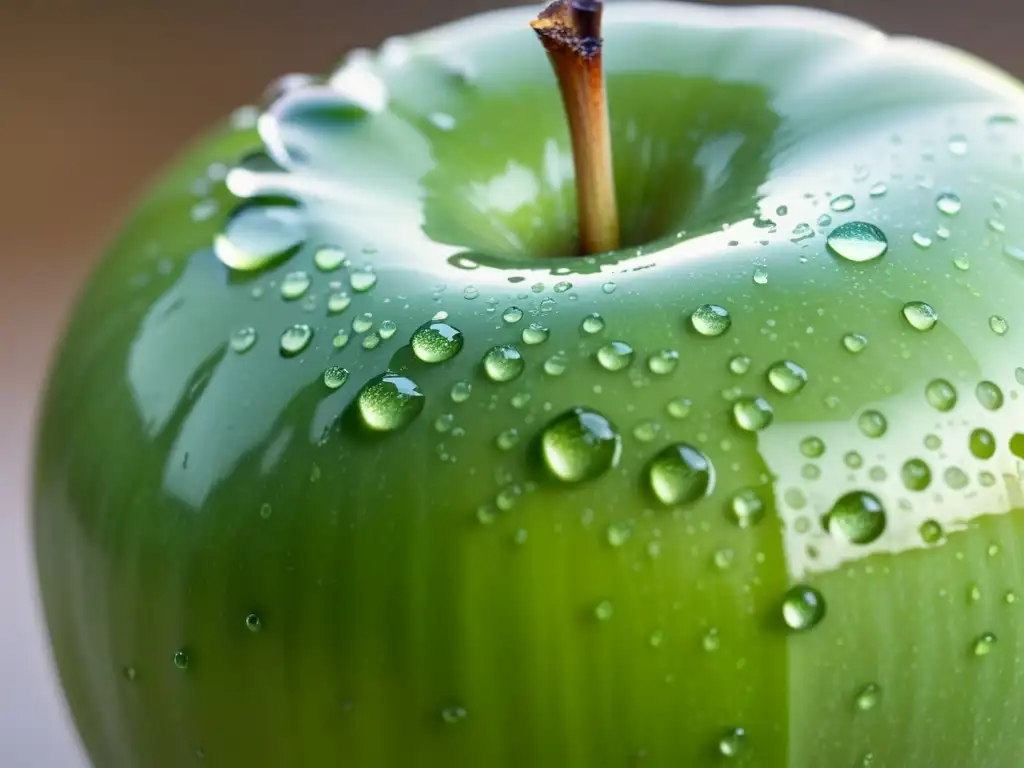 Detalle exquisito de una manzana verde madura con gotas de agua