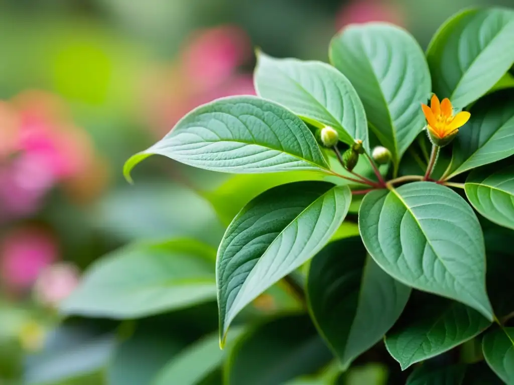 Detalle exquisito de una planta perenne, con hojas verdes vibrantes y flores delicadas