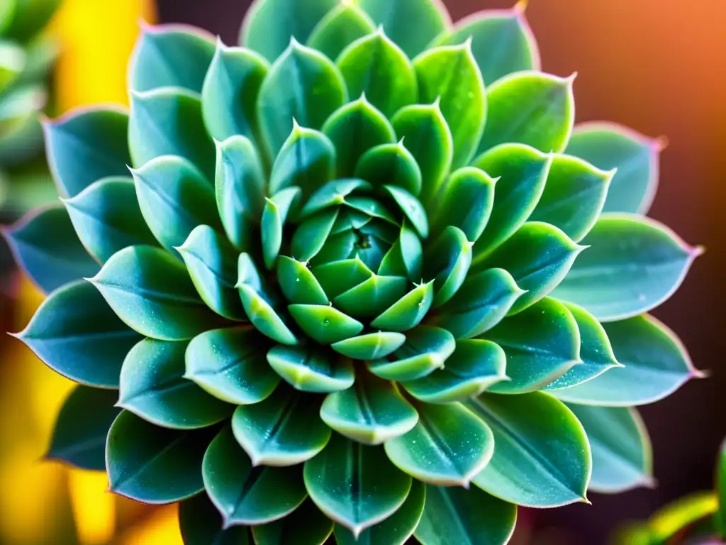 Detalle de una exuberante planta suculenta con patrones simétricos de gotas de agua, reflejando arcoíris