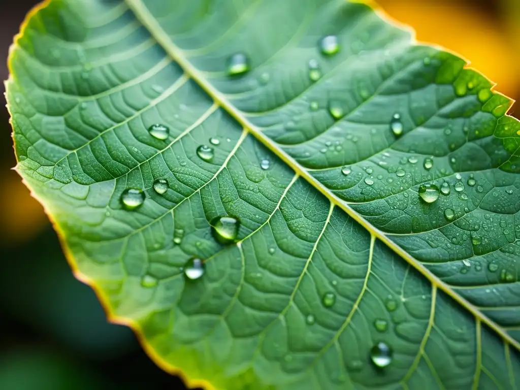 Detalle fascinante de una hoja sana y vibrante, iluminada por luz natural