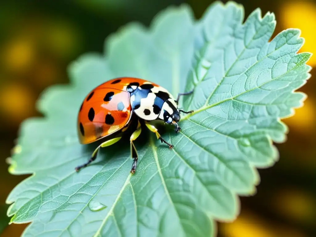 Un detalle fascinante de una mariquita verde sobre una hoja, capturando su brillo iridiscente