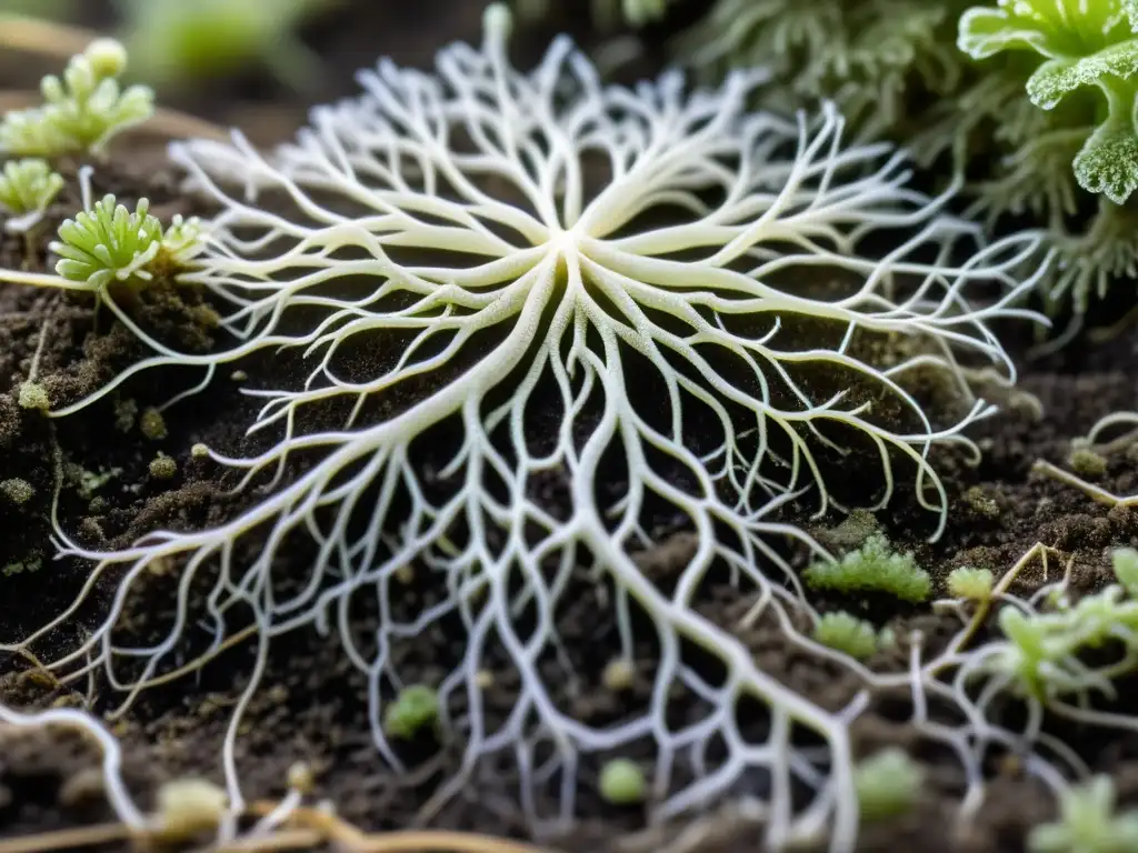 Detalle fascinante del papel de los hongos Trichoderma en cultivos orgánicos, entrelazándose con las raíces y la materia orgánica en la tierra oscura