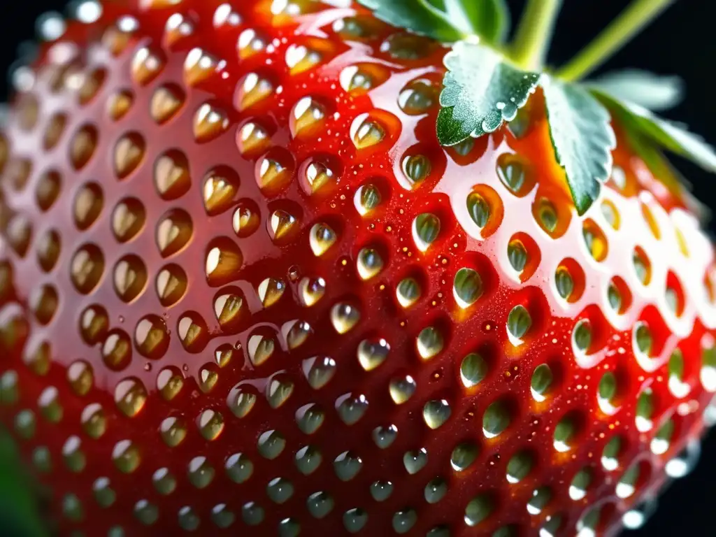 Detalle de fresa madura con rocío, resaltando su belleza natural